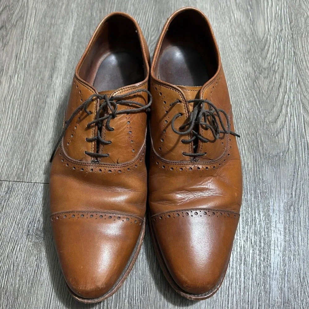 Allen Edmonds Hale Oxford Shoes 9.5 D Brown‎ Leather Semi Brogue Cap Toe